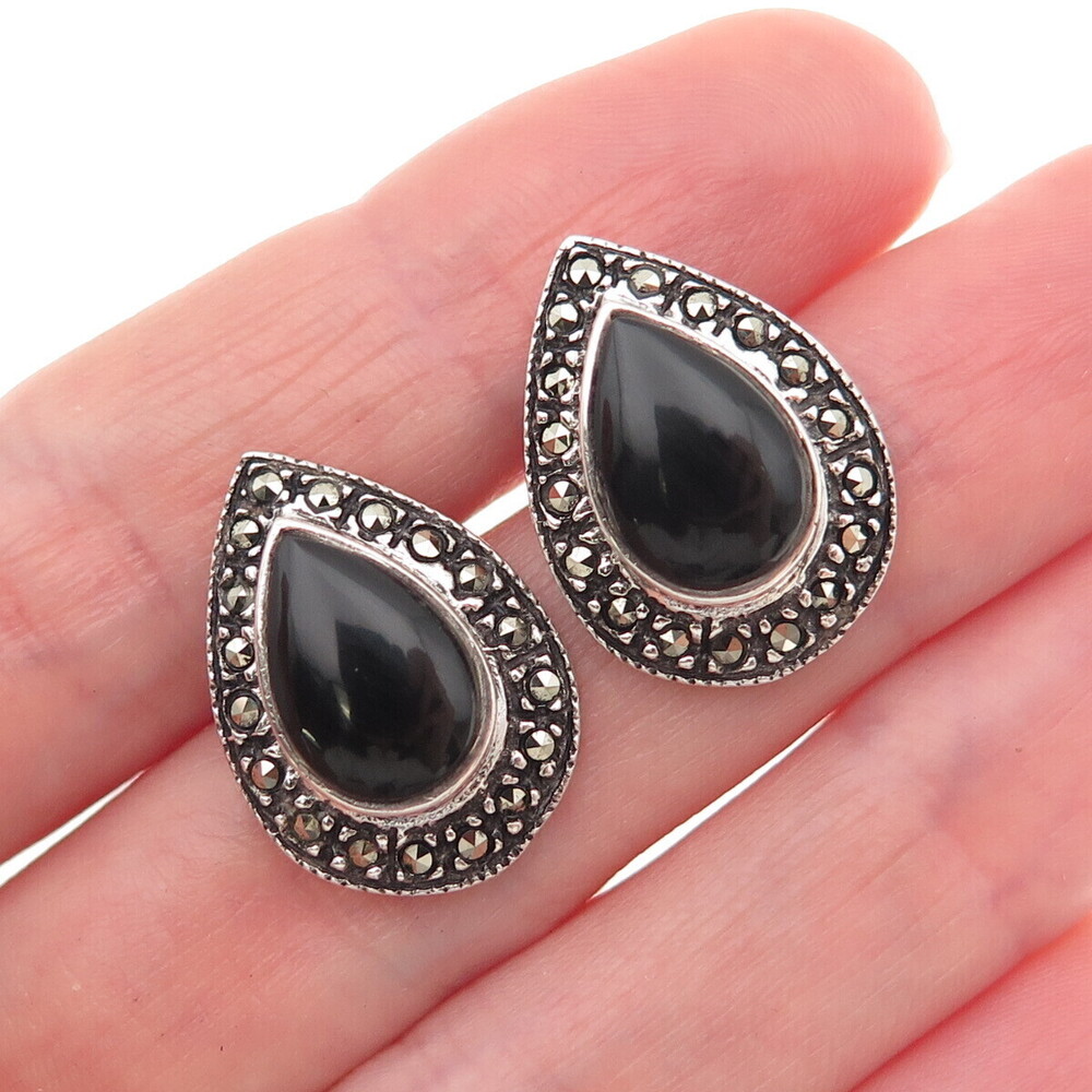 925 Sterling Silver Vintage Real Black Onyx & Marcasite Teardrop Earrings